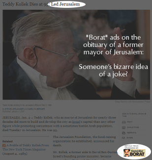 New York Times online obituary of former Jewish mayor of Jerusalem is sponsored by the movie Borat