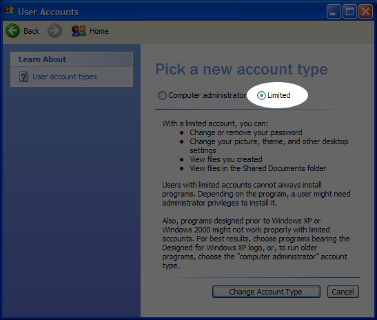 Step 9 - Set the old account as a limited user