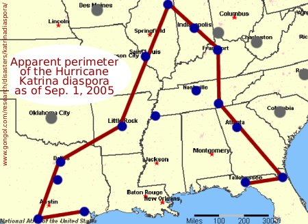 Apparent extent of the Hurricane Katrina diaspora as of Sep. 1, 2005