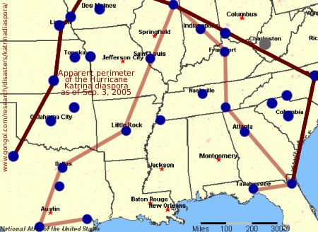 Apparent extent of the Hurricane Katrina diaspora as of Sep. 3, 2005
